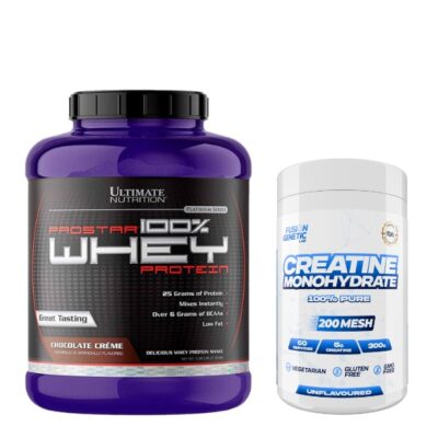 Pack Prostar 100% Whey Ultimate Nutrition sabor Chocolate Crème + Creatina Monohidrato Fusion Genetic 200 Mesh, suplemento deportivo para masa muscular, fuerza y recuperación