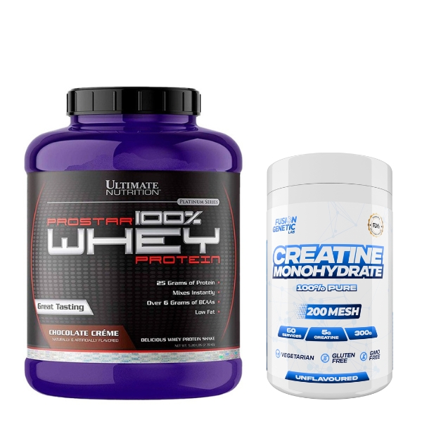 Pack Prostar 100% Whey Ultimate Nutrition sabor Chocolate Crème + Creatina Monohidrato Fusion Genetic 200 Mesh, suplemento deportivo para masa muscular, fuerza y recuperación